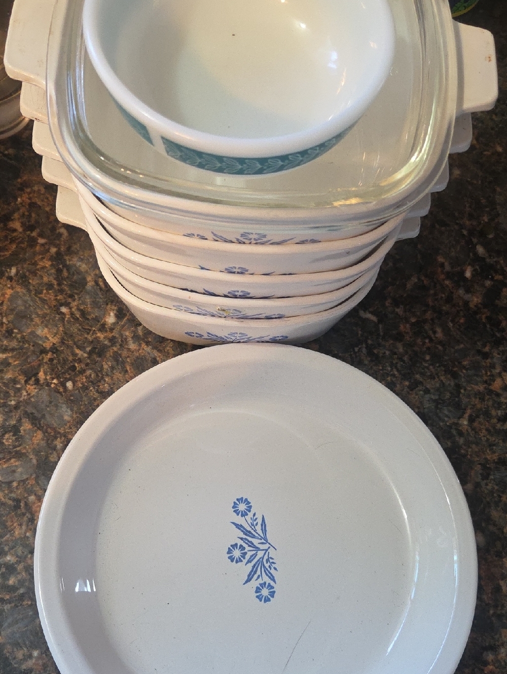 (6) Corningware Blue Cornflower Dishes and Small Bluegrass Pattern Pyrex Bowl